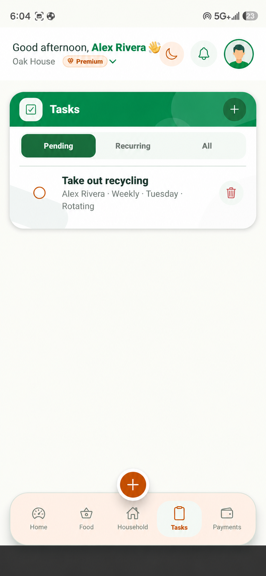 RoomPal task screen showing a recurring rotating household task